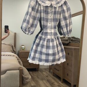 Blue and White Plaid Dress with Lace Trim